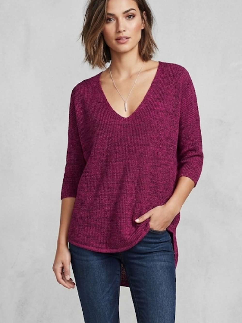 Express V-Neck 3/4 Sleeve Heathered Berry-Magenta Tunic Sweater
